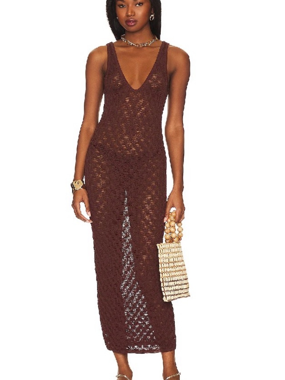 Lovers and Friends Sleeveless Crochet Maxi Dress in Deep Brown